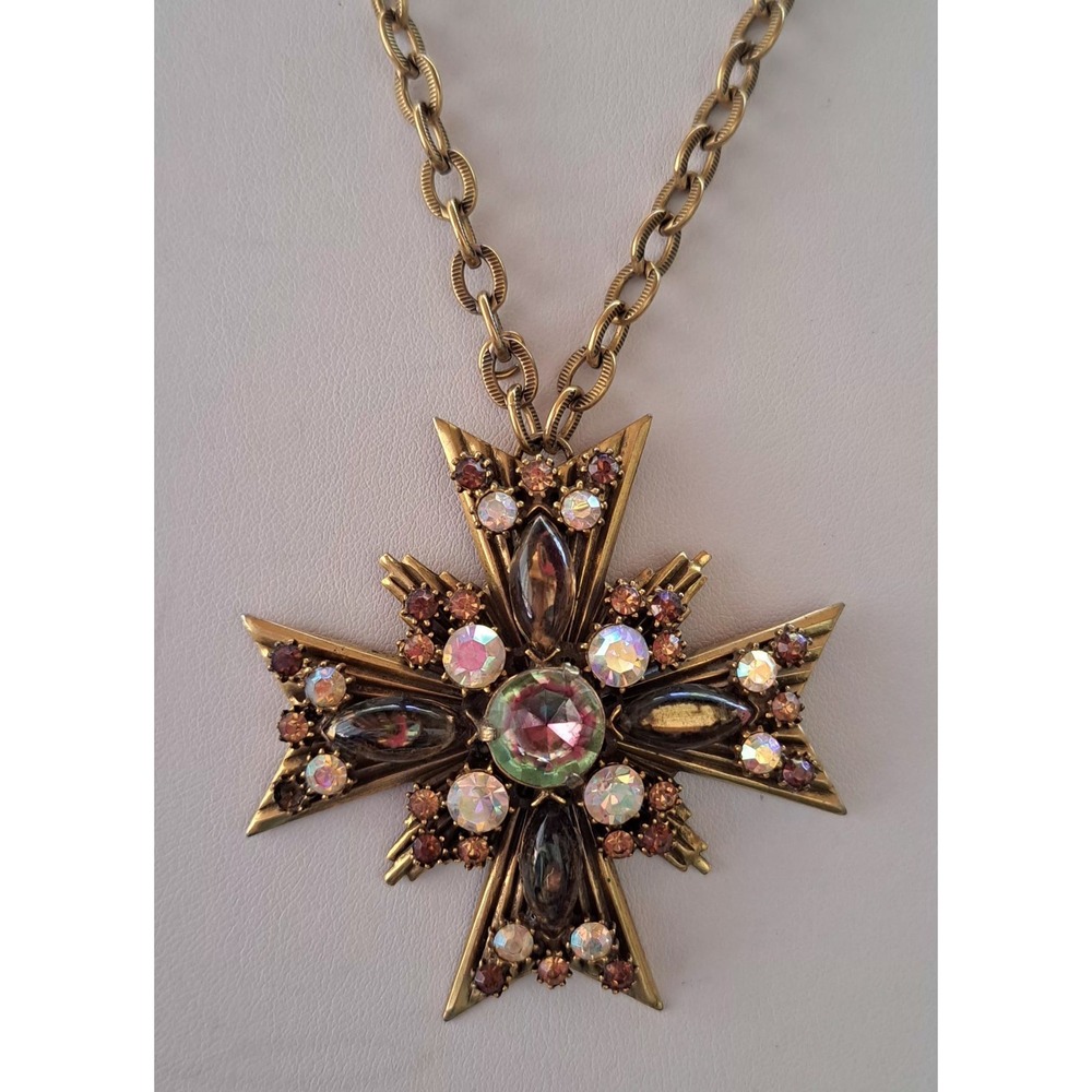 Florenza Maltese Cross Necklace 18"  Watermelon Rhinestone - Picture 2 of 10